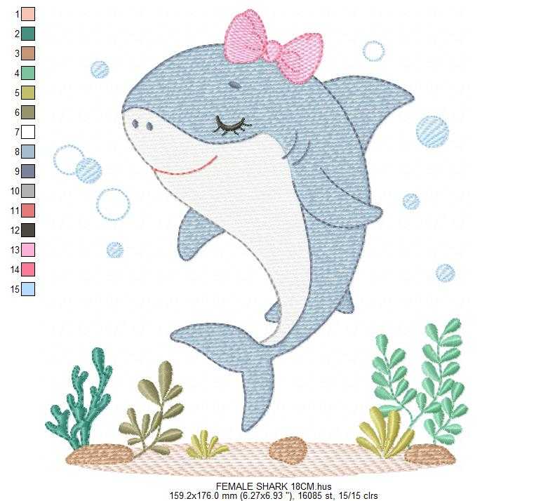 Shark embroidery design - Ocean animals machine pattern - Baby Girl Shark with algae bubbles and algae frame - Instant download pes jef dst - Marcia Embroidery