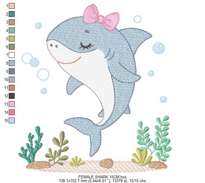 Shark embroidery design - Ocean animals machine pattern - Baby Girl Shark with algae bubbles and algae frame - Instant download pes jef dst - Marcia Embroidery