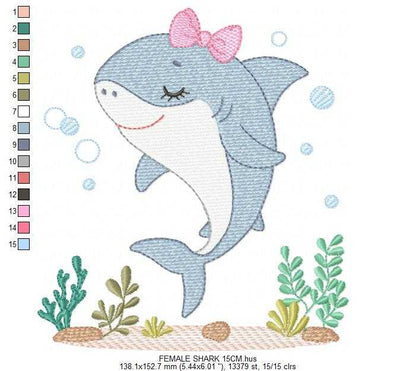 Shark embroidery design - Ocean animals machine pattern - Baby Girl Shark with algae bubbles and algae frame - Instant download pes jef dst - Marcia Embroidery
