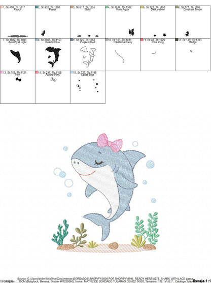 Shark embroidery design - Ocean animals machine pattern - Baby Girl Shark with algae bubbles and algae frame - Instant download pes jef dst - Marcia Embroidery