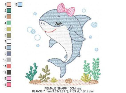 Shark embroidery design - Ocean animals machine pattern - Baby Girl Shark with algae bubbles and algae frame - Instant download pes jef dst - Marcia Embroidery