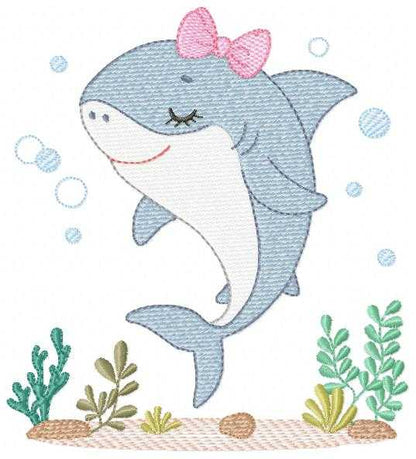 Shark embroidery design - Ocean animals machine pattern - Baby Girl Shark with algae bubbles and algae frame - Instant download pes jef dst - Marcia Embroidery