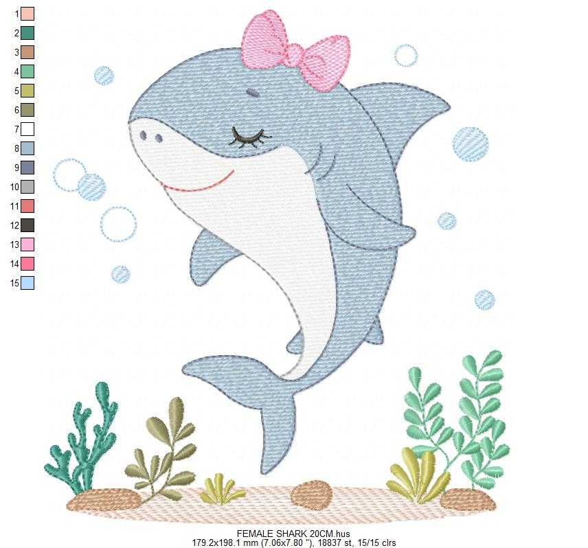 Shark embroidery design - Ocean animals machine pattern - Baby Girl Shark with algae bubbles and algae frame - Instant download pes jef dst - Marcia Embroidery
