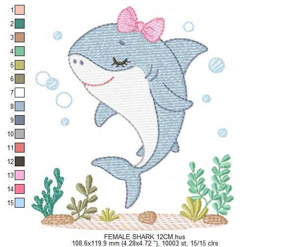 Shark embroidery design - Ocean animals machine pattern - Baby Girl Shark with algae bubbles and algae frame - Instant download pes jef dst - Marcia Embroidery