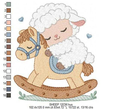 Sheep embroidery design - Sleeping Lamb with horse machine embroidery pattern - Baby boy newborn file - Instant digital download - Marcia Embroidery