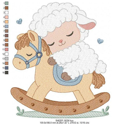 Sheep embroidery design - Sleeping Lamb with horse machine embroidery pattern - Baby boy newborn file - Instant digital download - Marcia Embroidery