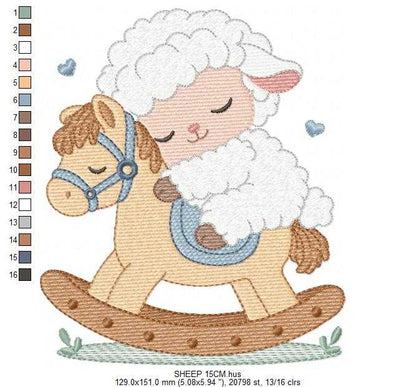 Sheep embroidery design - Sleeping Lamb with horse machine embroidery pattern - Baby boy newborn file - Instant digital download - Marcia Embroidery