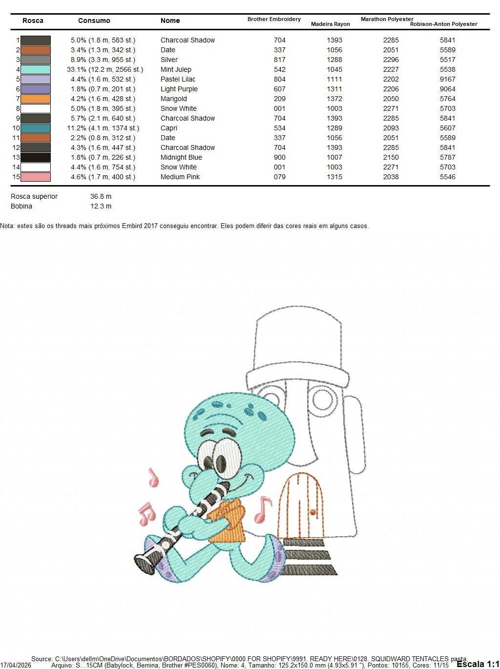 Squidward Tentacles embroidery design - SpongeBob SquarePants cartoon machine embroidery pattern - Baby boy and girl file - Instant digital download pes jef dst - Marcia Embroidery