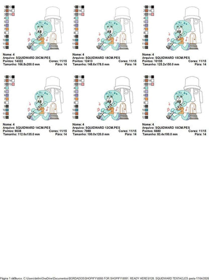 Squidward Tentacles embroidery design - SpongeBob SquarePants cartoon machine embroidery pattern - Baby boy and girl file - Instant digital download pes jef dst - Marcia Embroidery