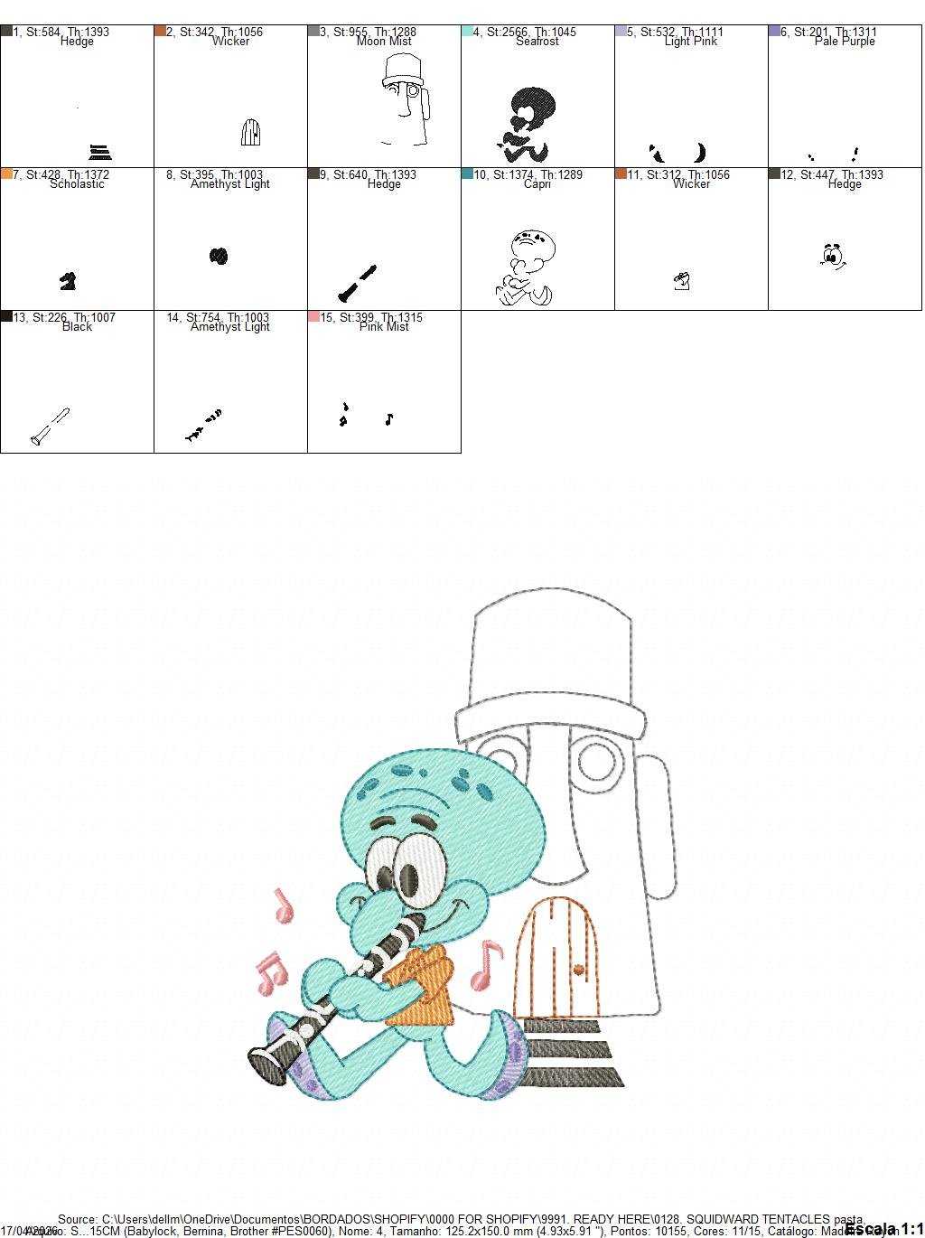 Squidward Tentacles embroidery design - SpongeBob SquarePants cartoon machine embroidery pattern - Baby boy and girl file - Instant digital download pes jef dst - Marcia Embroidery