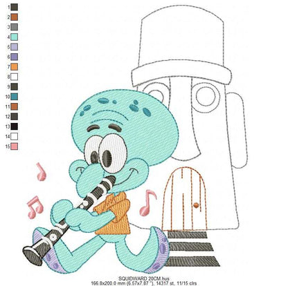 Squidward Tentacles embroidery design - SpongeBob SquarePants cartoon machine embroidery pattern - Baby boy and girl file - Instant digital download pes jef dst - Marcia Embroidery