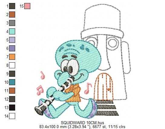 Squidward Tentacles embroidery design - SpongeBob SquarePants cartoon machine embroidery pattern - Baby boy and girl file - Instant digital download pes jef dst - Marcia Embroidery