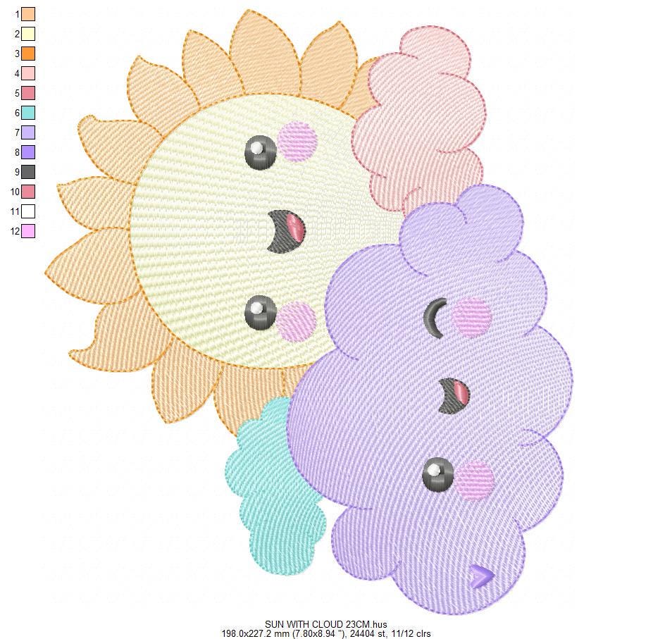 Sun with clouds embroidery design - Sun with happy face machine embroidery pattern - Baby girl and boy file - Instant digital download pes jef dst hus vp3 - Marcia Embroidery