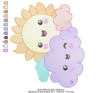 Sun with clouds embroidery design - Sun with happy face machine embroidery pattern - Baby girl and boy file - Instant digital download pes jef dst hus vp3 - Marcia Embroidery