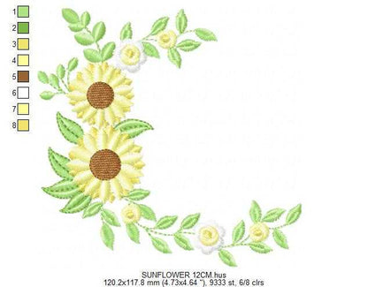 Sunflower Frame embroidery design - Yellow Flowers machine embroidery pattern - Floral Grandma Kitchen towel - Instant digital download pes jef dst - Marcia Embroidery