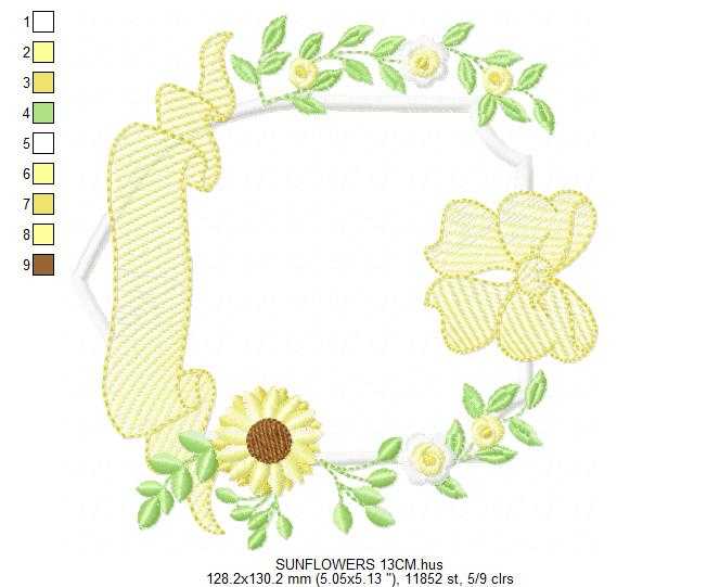 Sunflower Frame embroidery design - Yellow Flowers machine embroidery pattern - Floral Grandma Kitchen towel - Instant digital download pes jef dst - Marcia Embroidery