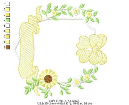 Sunflower Frame embroidery design - Yellow Flowers machine embroidery pattern - Floral Grandma Kitchen towel - Instant digital download pes jef dst - Marcia Embroidery