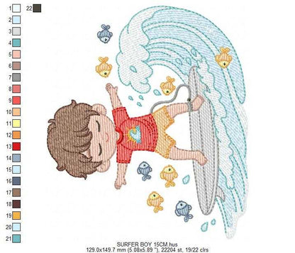 Surfer boy embroidery designs - Beach Swimmer with surferboard and fishes machine embroidery pattern - Baby Boy file - Instant digital download pes - Marcia Embroidery