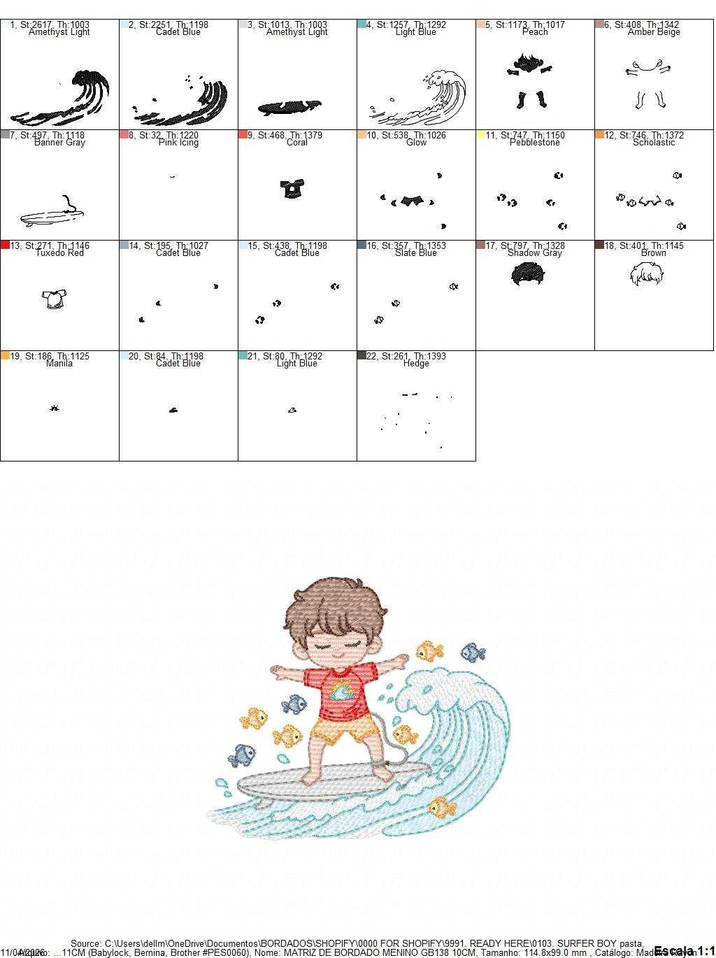 Surfer boy embroidery designs - Beach Swimmer with surferboard and fishes machine embroidery pattern - Baby Boy file - Instant digital download pes - Marcia Embroidery