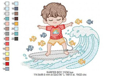 Surfer boy embroidery designs - Beach Swimmer with surferboard and fishes machine embroidery pattern - Baby Boy file - Instant digital download pes - Marcia Embroidery
