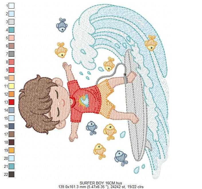 Surfer boy embroidery designs - Beach Swimmer with surferboard and fishes machine embroidery pattern - Baby Boy file - Instant digital download pes - Marcia Embroidery