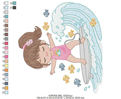 Surfer Girl embroidery designs - Baby Girl Beach Swimmer machine embroidery pattern - Swimming Class file - Instant download pes jef - Marcia Embroidery