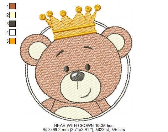 Teddy Bear with crown embroidery designs - Baby Boy King Bear machine embroidery pattern - Cute Bear with golden crown file - Instant digital download pes jef dst hus vp3 - Marcia Embroidery