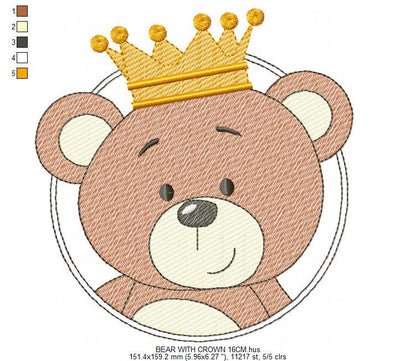 Teddy Bear with crown embroidery designs - Baby Boy King Bear machine embroidery pattern - Cute Bear with golden crown file - Instant digital download pes jef dst hus vp3 - Marcia Embroidery