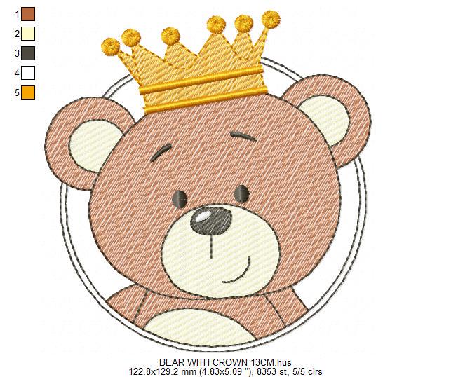 Teddy Bear with crown embroidery designs - Baby Boy King Bear machine embroidery pattern - Cute Bear with golden crown file - Instant digital download pes jef dst hus vp3 - Marcia Embroidery
