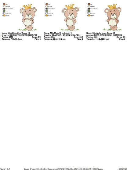 Teddy Bear with crown embroidery designs - Baby Boy King Bear machine embroidery pattern - Cute Bear with golden crown file - Instant digital download pes jef dst hus vp3 - Marcia Embroidery