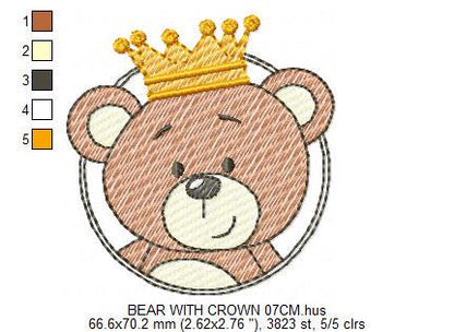 Teddy Bear with crown embroidery designs - Baby Boy King Bear machine embroidery pattern - Cute Bear with golden crown file - Instant digital download pes jef dst hus vp3 - Marcia Embroidery
