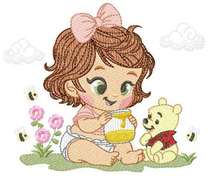 Winnie the Pooh embroidery design - Baby girl with Pooh bear machine embroidery pattern - Baby boy and girl file - Instant digital download pes jef - Marcia Embroidery