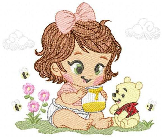Winnie the Pooh embroidery design - Baby girl with Pooh bear machine embroidery pattern - Baby boy and girl file - Instant digital download pes jef - Marcia Embroidery