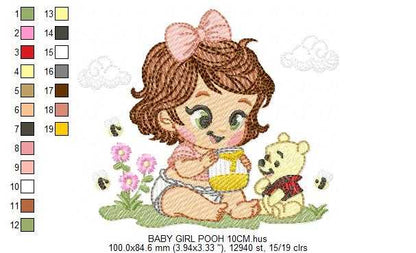 Winnie the Pooh embroidery design - Baby girl with Pooh bear machine embroidery pattern - Baby boy and girl file - Instant digital download pes jef - Marcia Embroidery