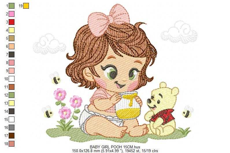 Winnie the Pooh embroidery design - Baby girl with Pooh bear machine embroidery pattern - Baby boy and girl file - Instant digital download pes jef - Marcia Embroidery
