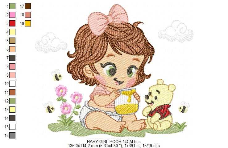 Winnie the Pooh embroidery design - Baby girl with Pooh bear machine embroidery pattern - Baby boy and girl file - Instant digital download pes jef - Marcia Embroidery