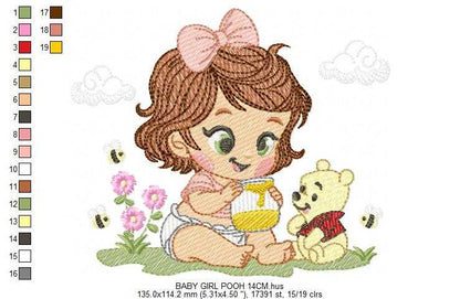 Winnie the Pooh embroidery design - Baby girl with Pooh bear machine embroidery pattern - Baby boy and girl file - Instant digital download pes jef - Marcia Embroidery