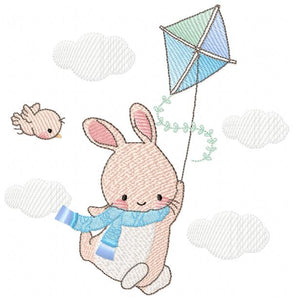 Bunny with kite - Rabbit embroidery design machine embroidery pattern