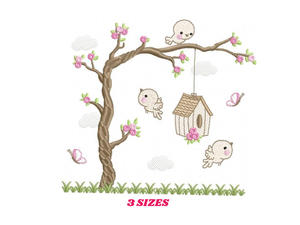 Tree with Birds embroidery design machine embroidery pattern