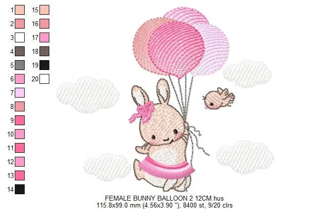 Bunny with balloons - Rabbit embroidery design machine embroidery pattern Marcia Embroidery
