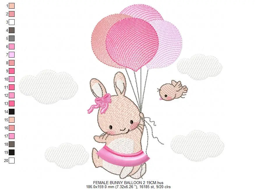 Bunny with balloons - Rabbit embroidery design machine embroidery pattern Marcia Embroidery