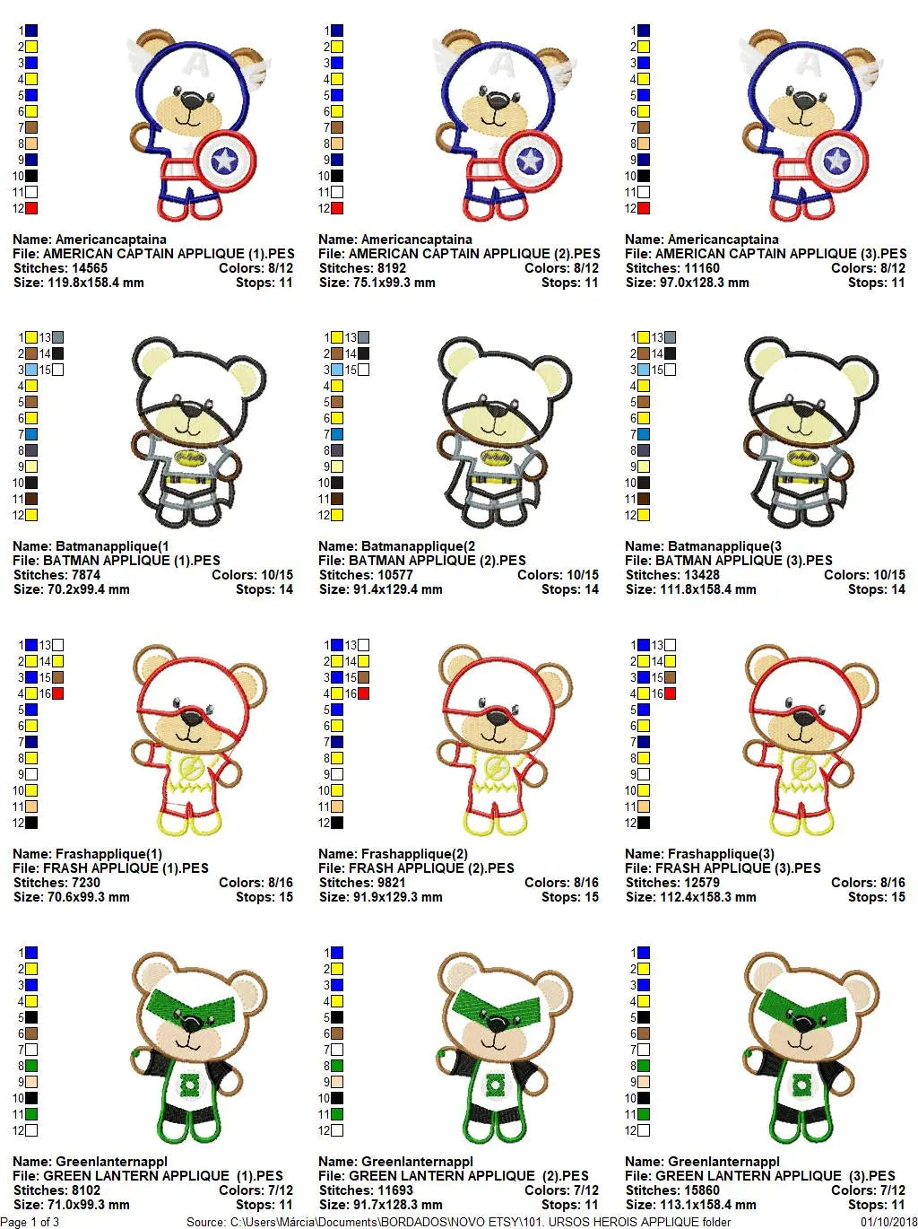 Hero Bear embroidery design machine embroidery pattern - Superman, Captain America, Spiderman, Batman, Green Lantern, Thor,  Flash,  Marvel Marcia Embroidery