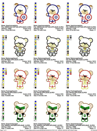 Hero Bear embroidery design machine embroidery pattern - Superman, Captain America, Spiderman, Batman, Green Lantern, Thor,  Flash,  Marvel Marcia Embroidery
