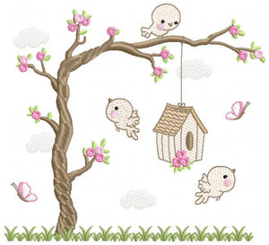 Tree with Birds embroidery design machine embroidery pattern