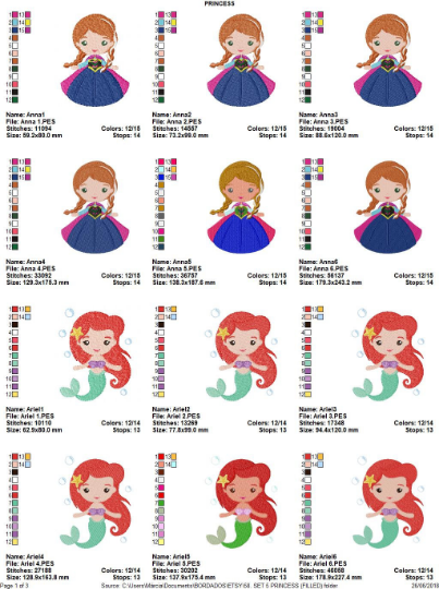 Disney Princess embroidery design machine embroidery pattern - Elsa, Anna, Ariel, Moana and Elena