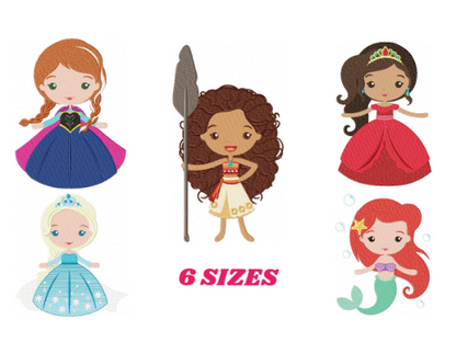 Disney Princess embroidery design machine embroidery pattern - Elsa, Anna, Ariel, Moana and Elena