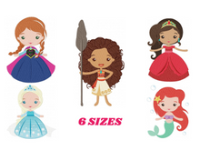 Load image into Gallery viewer, Disney Princess embroidery design machine embroidery pattern - Elsa, Anna, Ariel, Moana and Elena
