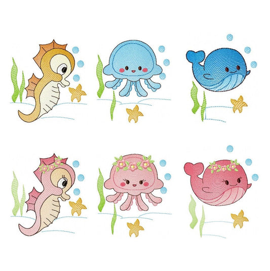 Sea Animal embroidery designs - Whale embroidery design machine embroidery pattern - Seahorse embroidery file - Jellyfish embroidery baby
