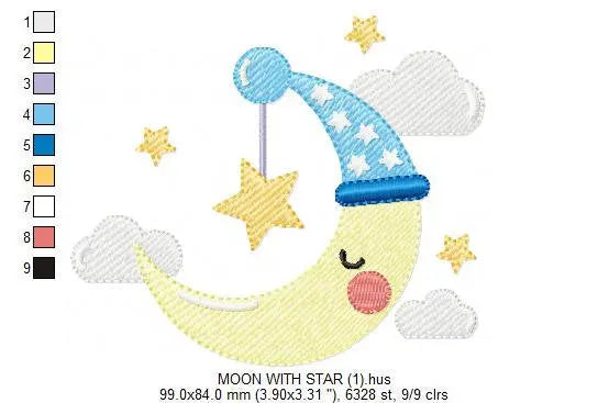 Sleeping moon embroidery design - half moon embroidery design machine embroidery pattern - baby embroidery file - kid embroidery moon sky Marcia Embroidery