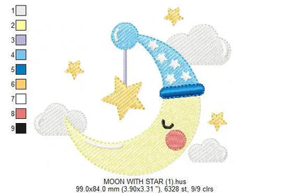 Sleeping moon embroidery design - half moon embroidery design machine embroidery pattern - baby embroidery file - kid embroidery moon sky Marcia Embroidery
